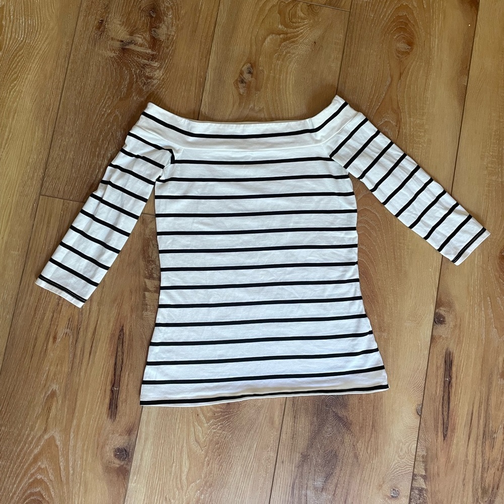LOFT XXSP Cream and Black Striped Off the Shoulder 3/4 Sleeve Tshirt